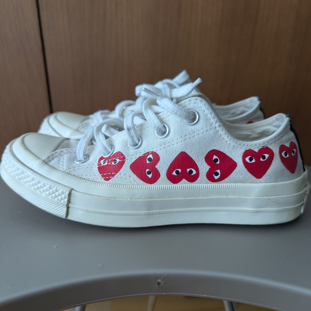 Women's Converse Comme Des Garcons White and Red Heart Sneakers